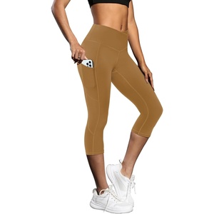 image:imageFihapyli ICTIVE Womens Capris Yoga Pants with Pockets Running Pilates Fitness Running High Waisted LeggingsKhaki V Waisted