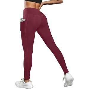 image:imageICTIVE Women Workout Pants with Tummy Control High Waist Tight Fit Yoga Running Pilates Fitness Leggings with PocketsBurgundy